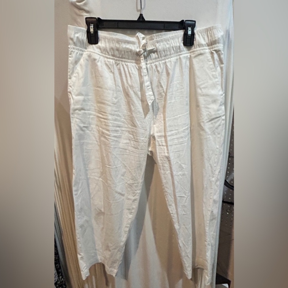 White‎ Cropped Linen Blend Pants Elastic Waist Drawstring Casual Comfy Trousers